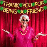 Thank You For Being A Friend Banner Friendship Party Decorations, Golden Glitter Thank You Banner With Palm Leaf For Friends Themed Party Birthday Decorations