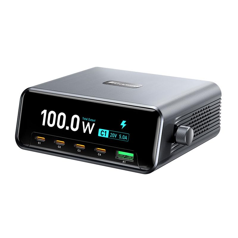 100W 5-Port GaN USB C Charging Station with LCD Smart Display & Control Knob, Desktop Fast Charger for Multiple Devices, Compatible with MacBook,