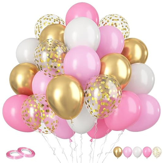Pink And Gold Balloons, 60Pcs Retro Pink White Balloons, 12 Inch Metallic Gold Confetti Balloons Helium Light Pink Latex Party Balloons For Girls Baby Shower Birthday Princess Party Decorations