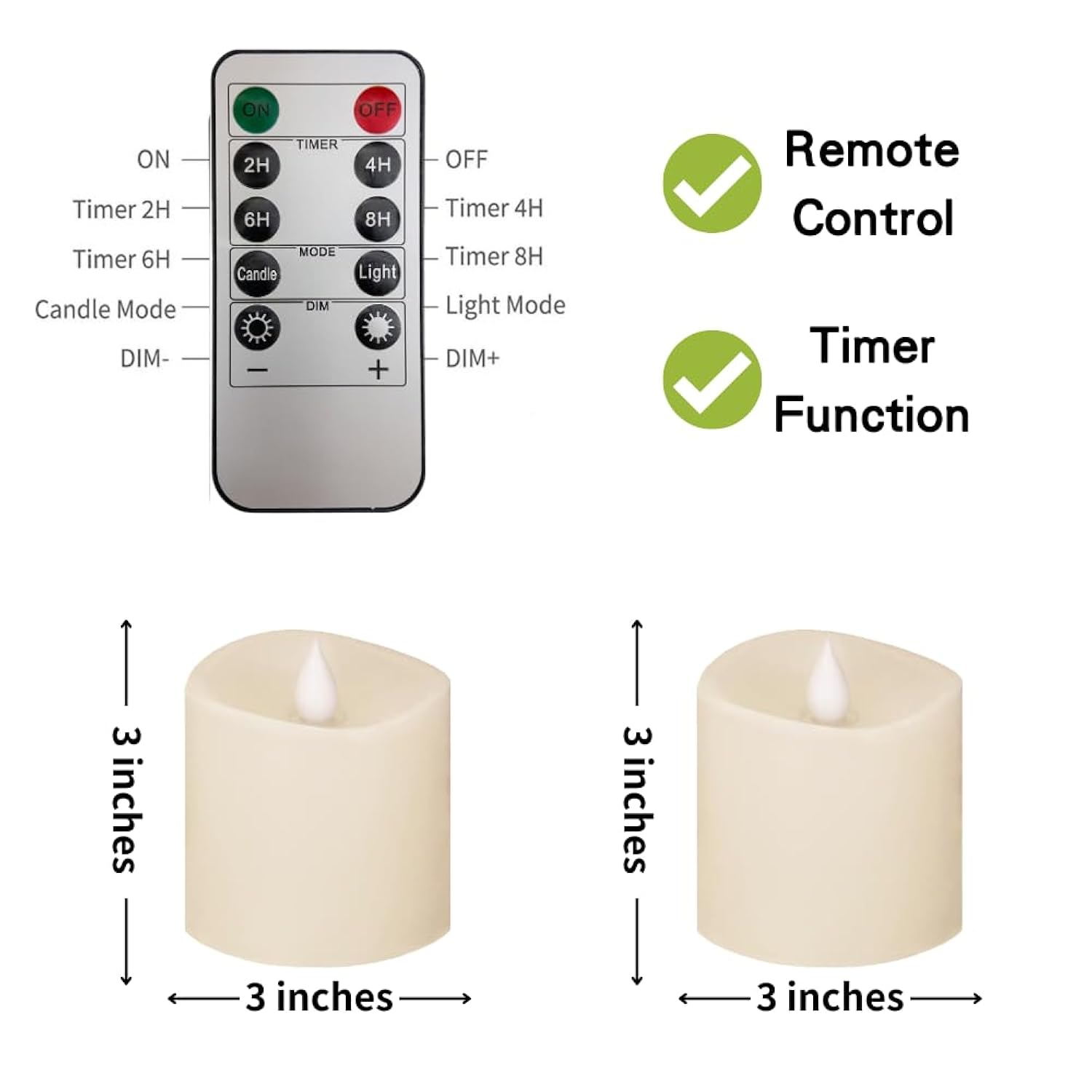 3X3 Flickering Flameless Candles Set Of 2,3 Inch Real Wax Led 600 Hours Battery Candles With Timer Remote,Control For Wedding Party Indoor,Ivory