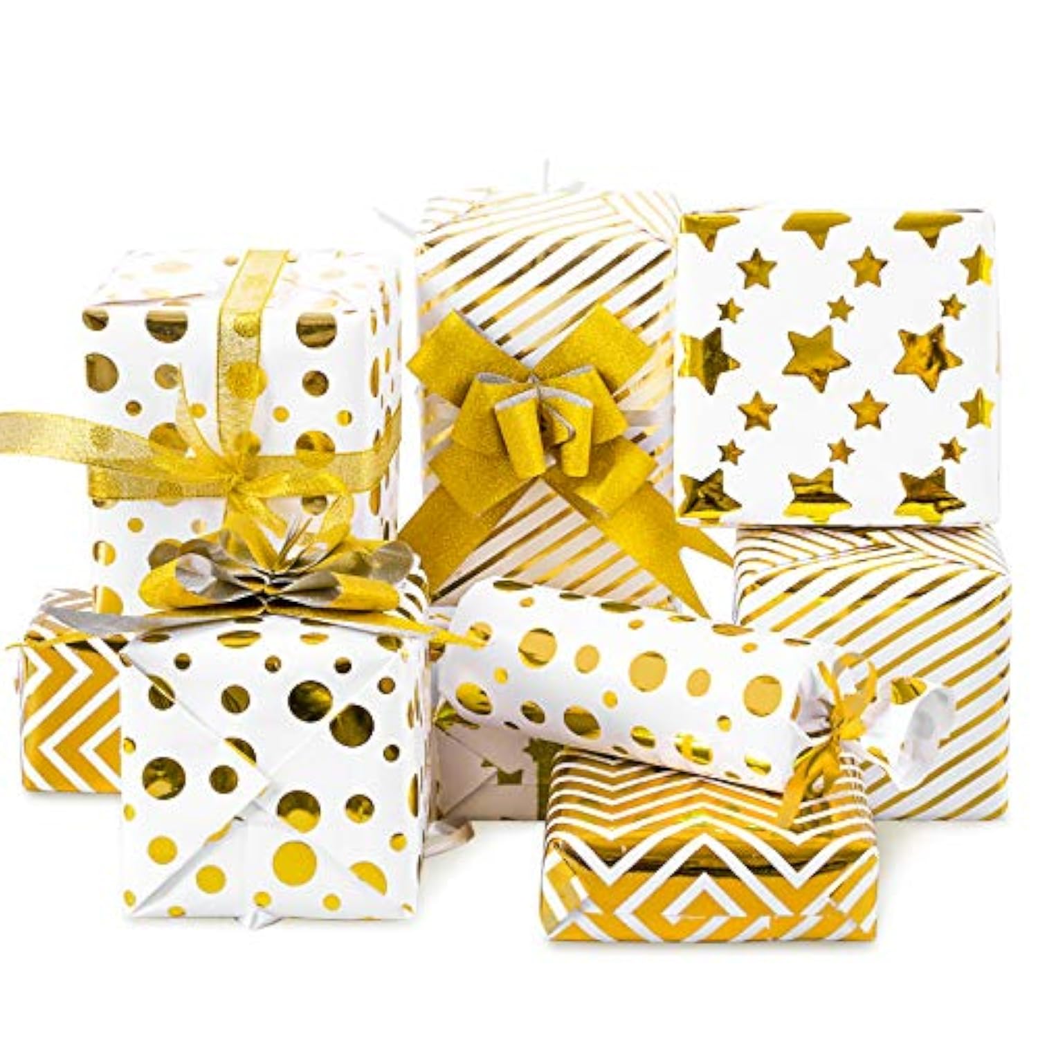 Gold Star Stripe Wrapping Paper, 8 Sheet Gold White Gift Wrapping Paper With 10 Pull Bows & 24 Yard Glitter Ribbon Xmas Assorted Gold Foil Decorative Art Paper For Birthday Holiday Party