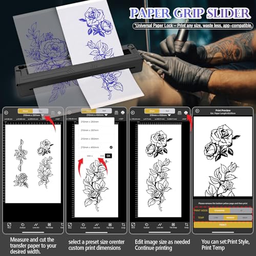 Wireless Tattoo Stencil Printer, Portable Bluetooth Thermal Tattoo Printer With App Custom-Size A4, Print Realistic Portraits, 10 Transfer Papers, Works For Phone/Tablet/Pc (Black)