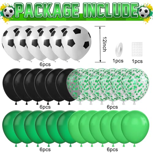 30 Pcs Green Black Soccer Balloons, 12 Inch Soccer Print Balloon Set