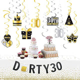 30Th Birthday Banner & Hanging Swirls, Glitter Gold & Black, Happy 30Th Dirty Birthday Decorations For Him & Her, 30 Years Old Party Supplies