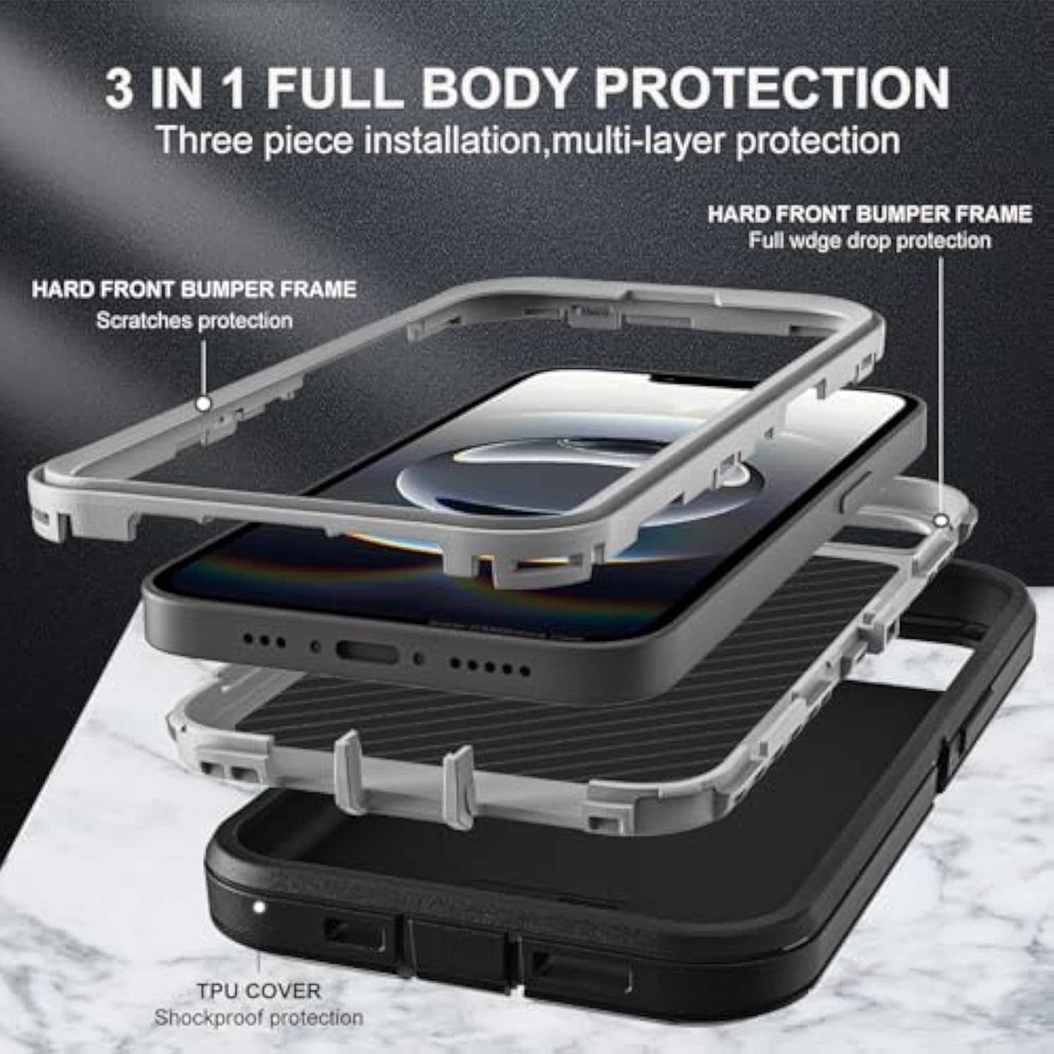For Iphone 16E Case, Military Grade 3 In 1 Heavy Duty Shockproof/Drop Proof/Dust Proof Case With 2Pcs Tempered Glass Screen Protector (Black/Grey)