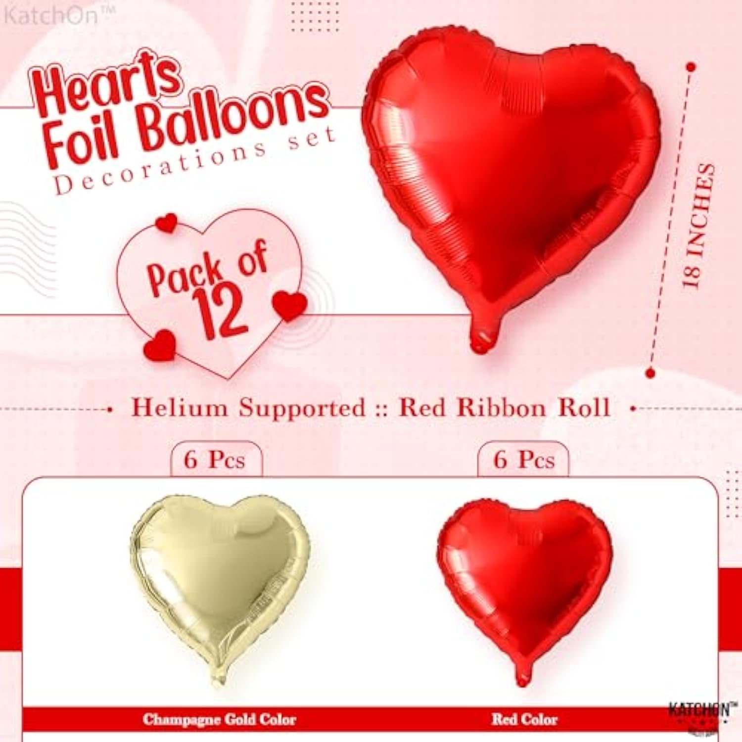 Red And Gold Heart Balloons, 12 Pack, 18 Inch, Foil/Mylar, Helium Supported, Valentine'S Day, Adult, Unisex, Love, Balloons