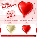Red And Gold Heart Balloons, 12 Pack, 18 Inch, Foil/Mylar, Helium Supported, Valentine'S Day, Adult, Unisex, Love, Balloons