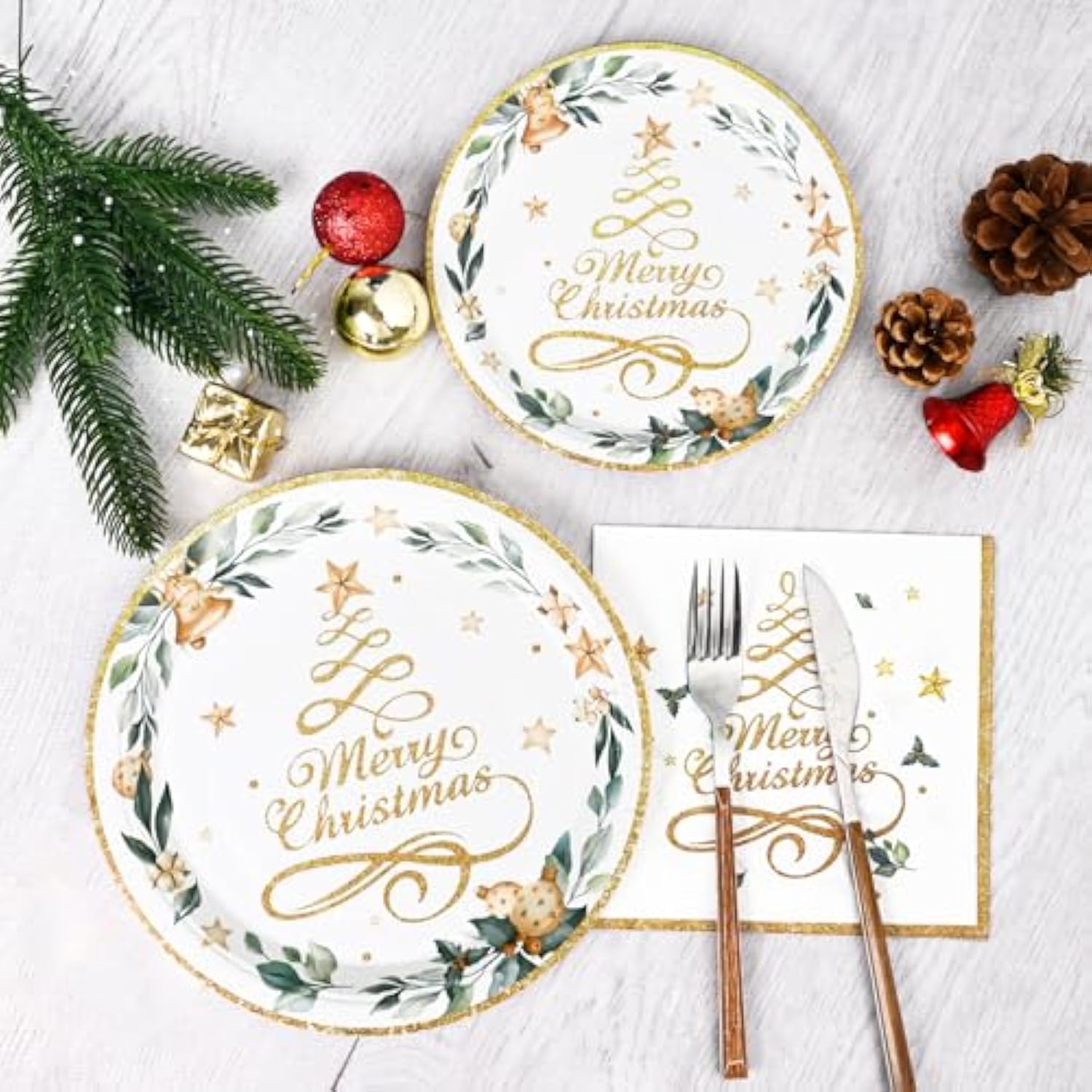 200 Pcs Christmas Paper Plates And Napkins, Christmas Tree Gold Plates And Napkins Disposable, Christmas Dinner Plates And Napkins Serve 50 Guest, Christmas Party Table Decorations