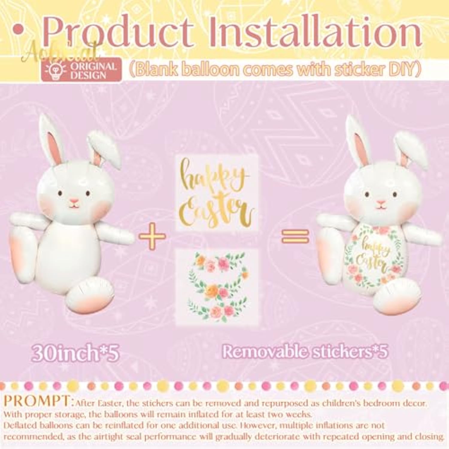 30" Extra Large Bunny Balloons For Easter Party Decorations,5Pcs Happy Easter Foil Balloons With Stickers For Rabbit Jungle Farm Theme Birthday Baby Shower Party Decorations