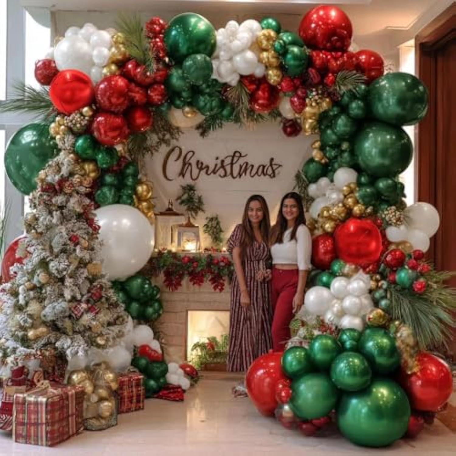 Christmas Balloon Garland Kit - Double Stuffed Burgundy Dark Green Pearl White Gold Balloon Arch Red Metallic Foil Balloons For Christmas New Year Xmas Party Decorations