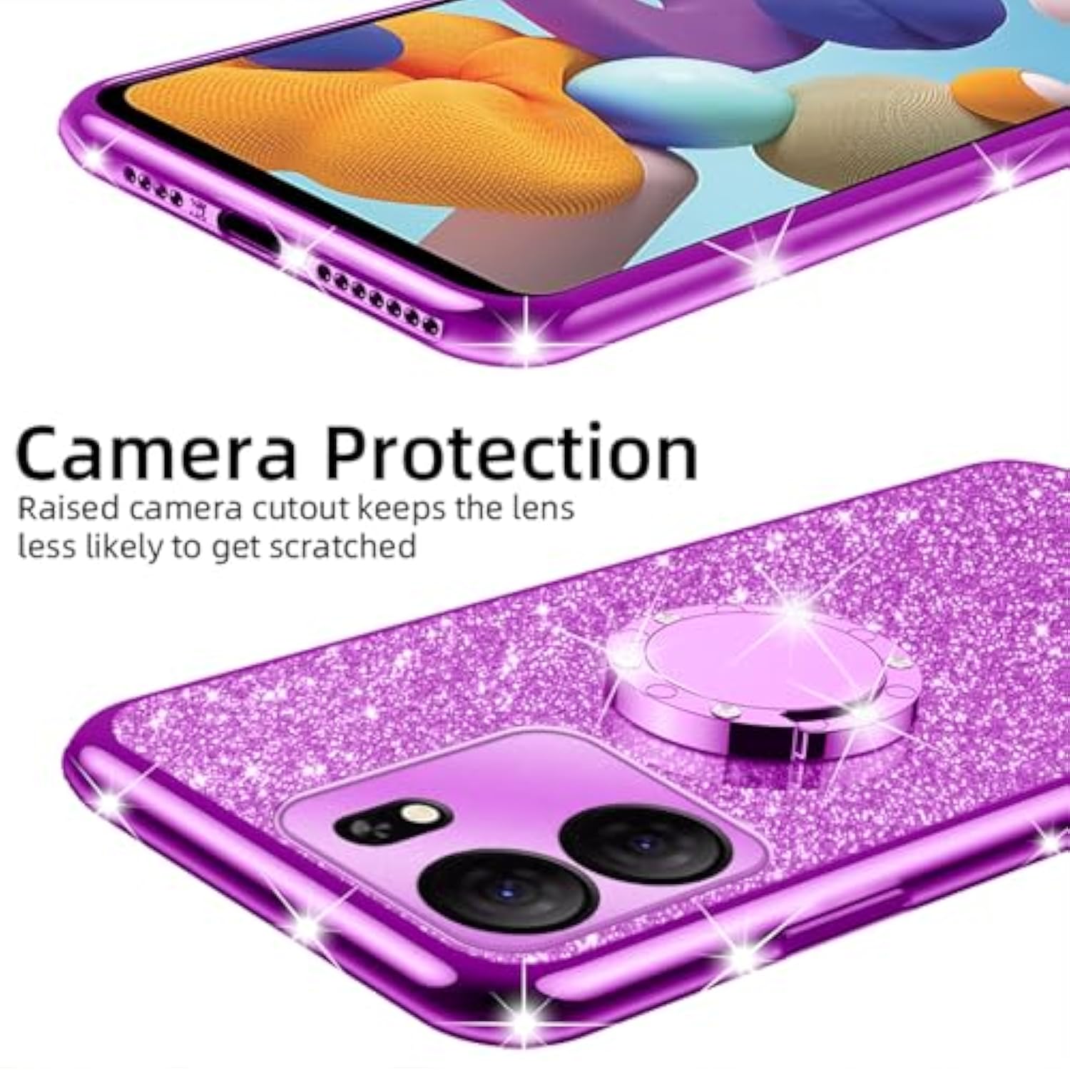 For Blu View 5 (B160V) Case Girls Women Cute Glitter Soft Tpu Phone Case With Ring Stand Strap Lanyard Bumper Shockproof Protective Cover - Purple