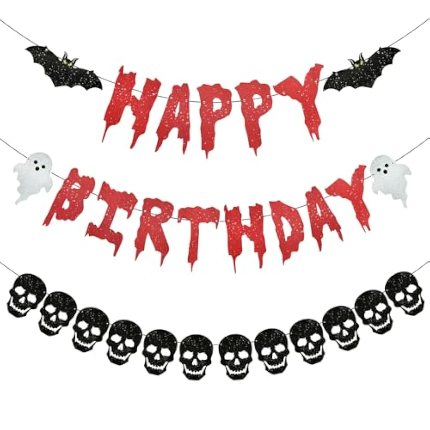 3PCS Halloween Black Skull Heart Wreath Banner Spooky Birthday Party Decor
