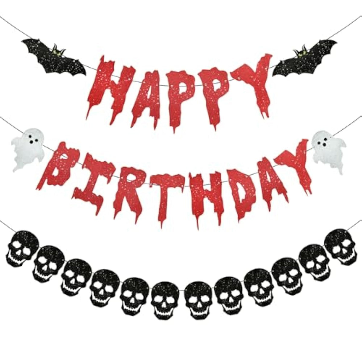 3PCS Halloween Black Skull Heart Wreath Banner Spooky Birthday Party Decor
