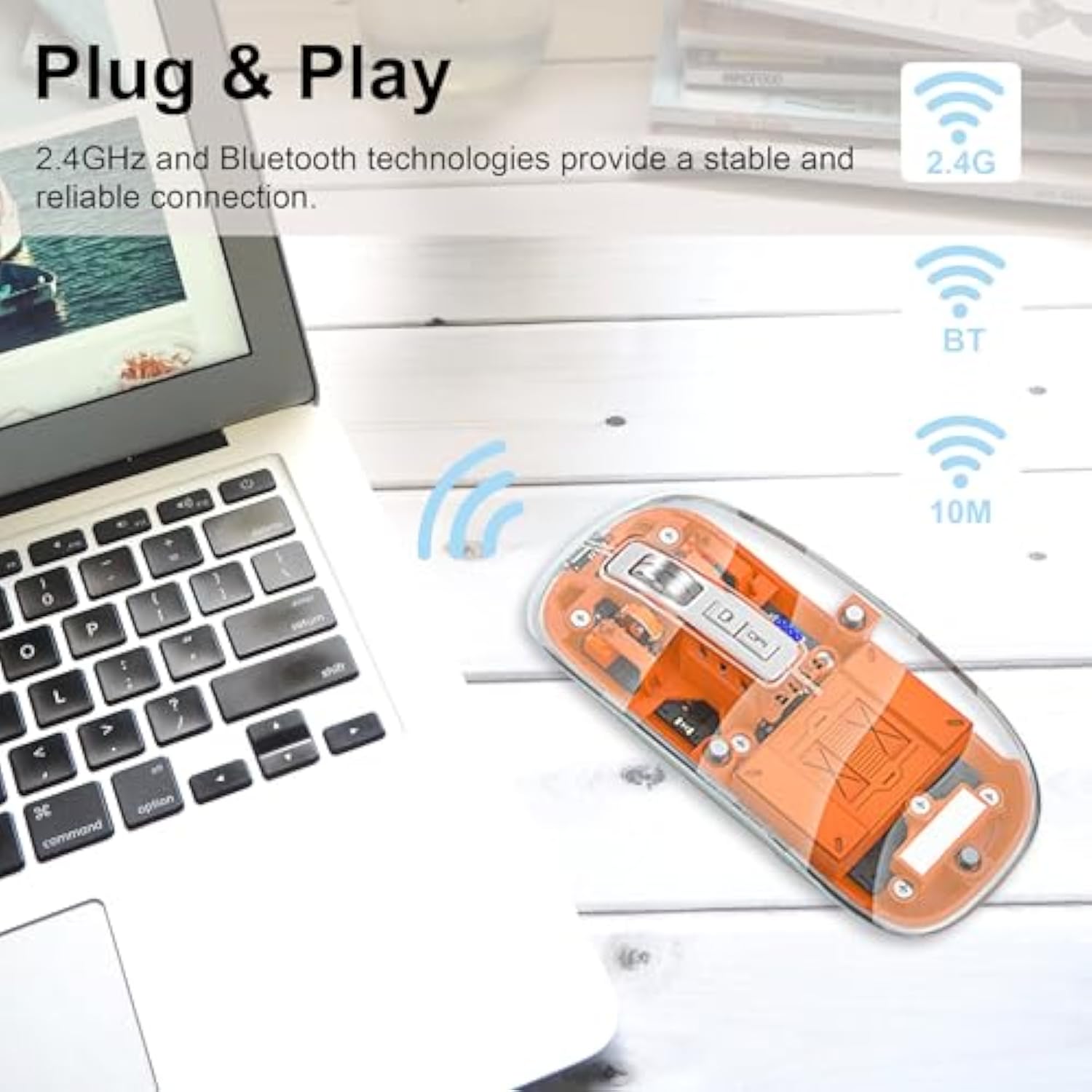 Wireless Led Slim Silent Bluetooth & 2.4G Tri-Mode 2400Dpi Optical Computer Mouse - Portable Rechargeable Transparent Cordless Mouse For Laptop Pc & Desktop