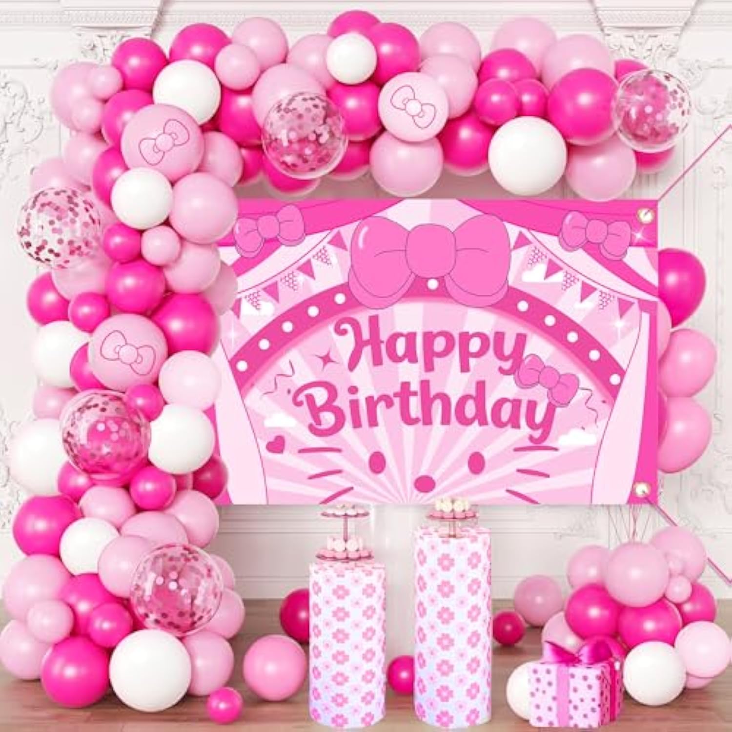 Cartoon Cat Theme Pink Balloon Arch Birthday Party Decorations Kit