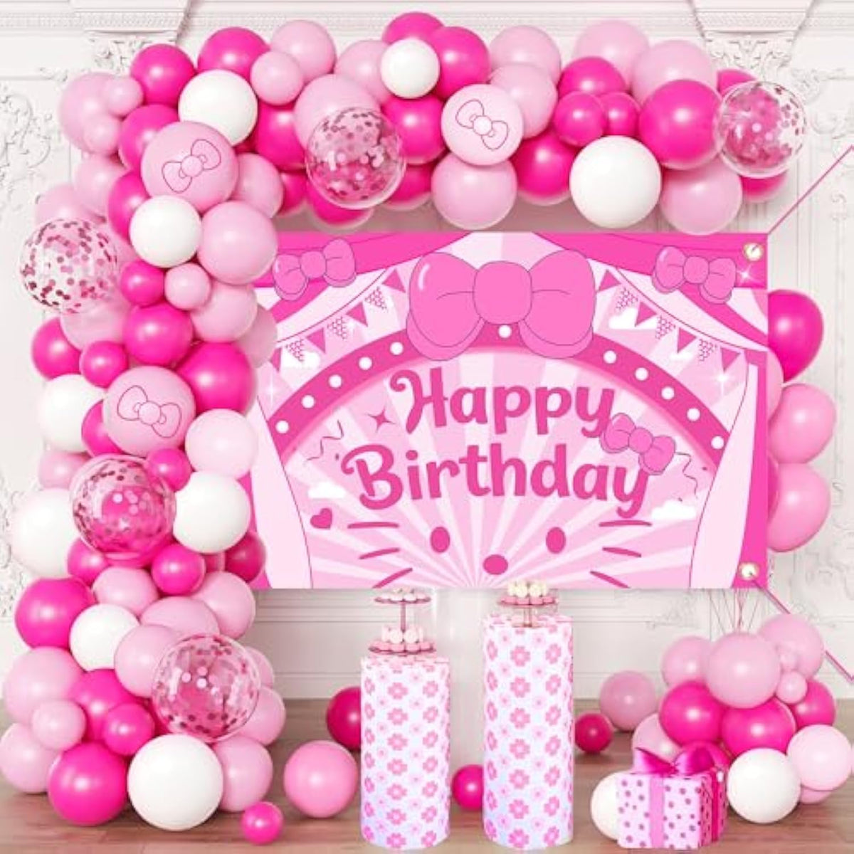Cartoon Cat Theme Pink Balloon Arch Birthday Party Decorations Kit