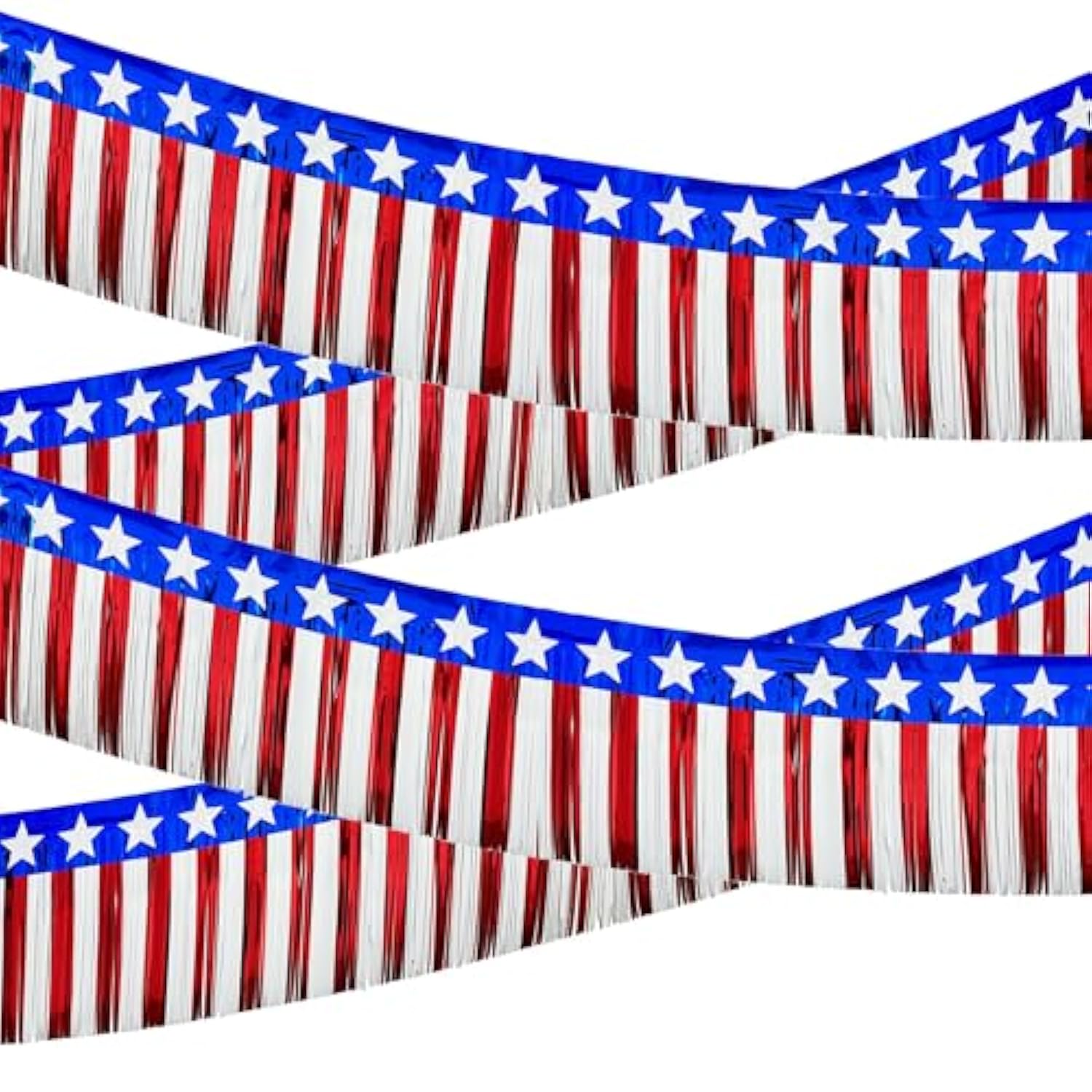 4 Packs 39Ft 4Th Of July Parade Floats Foil Fringe, Each 10 Ft X 15'' American Flag Stripes And Stars Tinsel Patriotic Foil Fringe Garland For 4Th Of July Trailer Car Graduation Homecoming Party