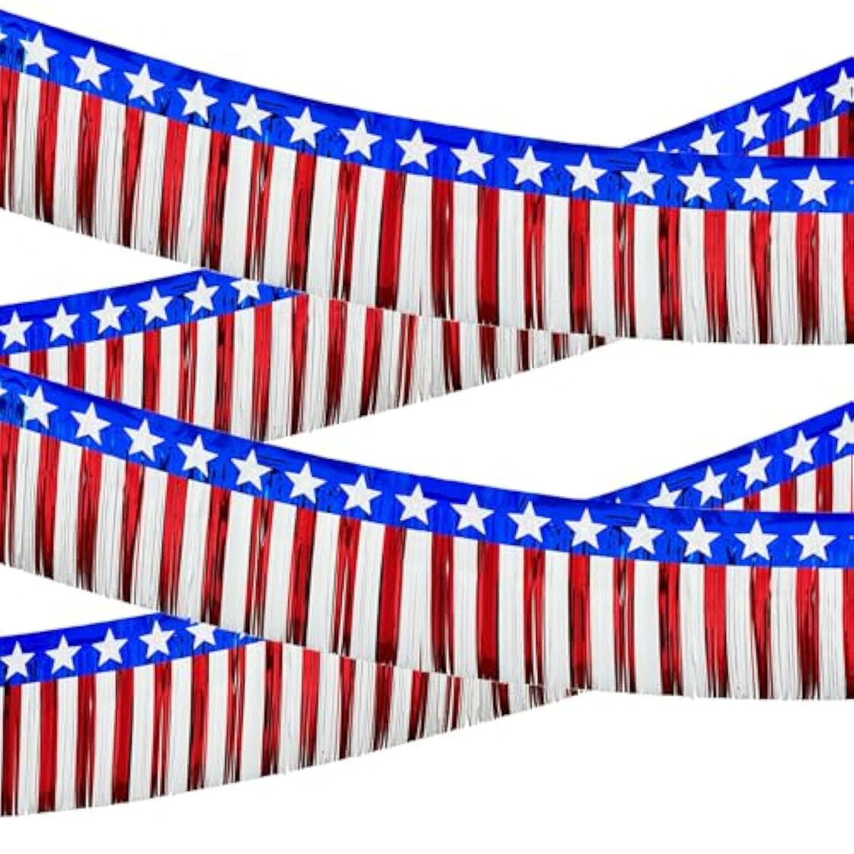 4 Packs 39Ft 4Th Of July Parade Floats Foil Fringe, Each 10 Ft X 15'' American Flag Stripes And Stars Tinsel Patriotic Foil Fringe Garland For 4Th Of July Trailer Car Graduation Homecoming Party