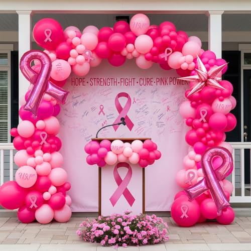 Hot pink and pink balloons Breast Cancer Awareness Decorations Balloons Arch Kit star Pink Ribbon mylar Balloons with card stickers for Pink Ribbon Party Decoration Supplies