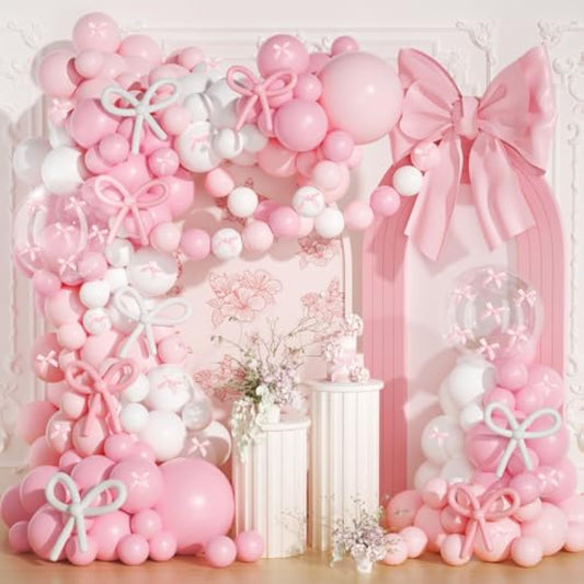 Pink Bow Balloons Arch Kit, 199Pcs Coquette Balloons Garland With 260 Clear Balloons Pink Ribbon Bow For Bow Coquette Birthday Decorations Bachelorette Baby Shower Bridal Shower