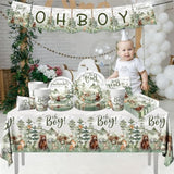 Let The Adventure Begin Baby Shower Tableware,Woodland Baby Shower Plates And Napkins Decorations Cups Banner Tablecloth For Adventure Awaits Baby Shower Boy Mountain Party Decorations