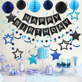 Birthday Decorations, Happy Birthday Banner With Honeycomb Balls, Stars Hanging Swirl Streamers, Circle Dots Garland, Happy Birthday Party Decorations For Women Men Boys Girls (Black&Blue)