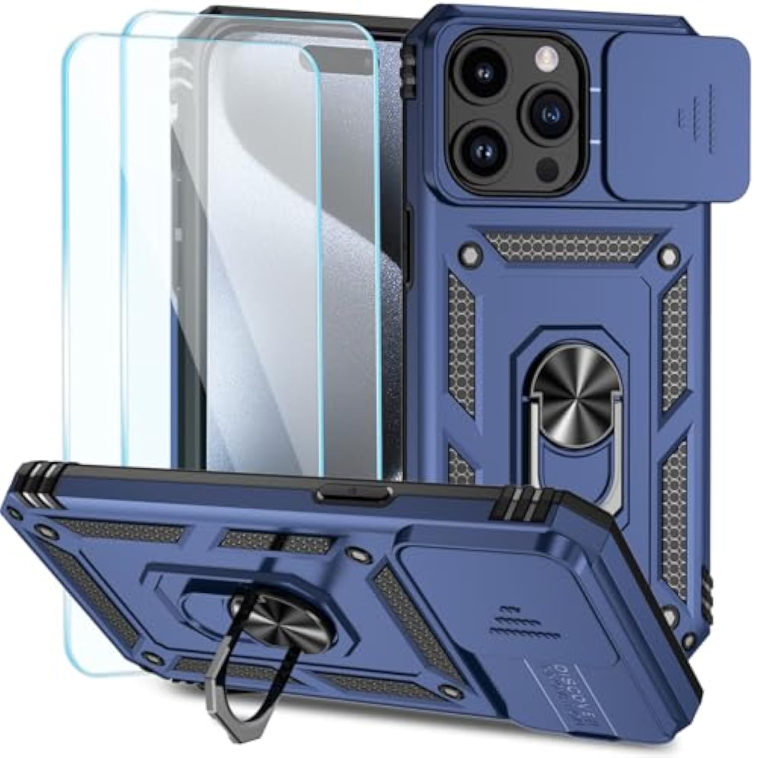 Compatible With Iphone 15 Pro Case With Hd Screen Protector & Slide Camera Cover & Rotated Ring Kickstand, [Military-Grade] Phone Case For Iphone 15 Pro,Blue