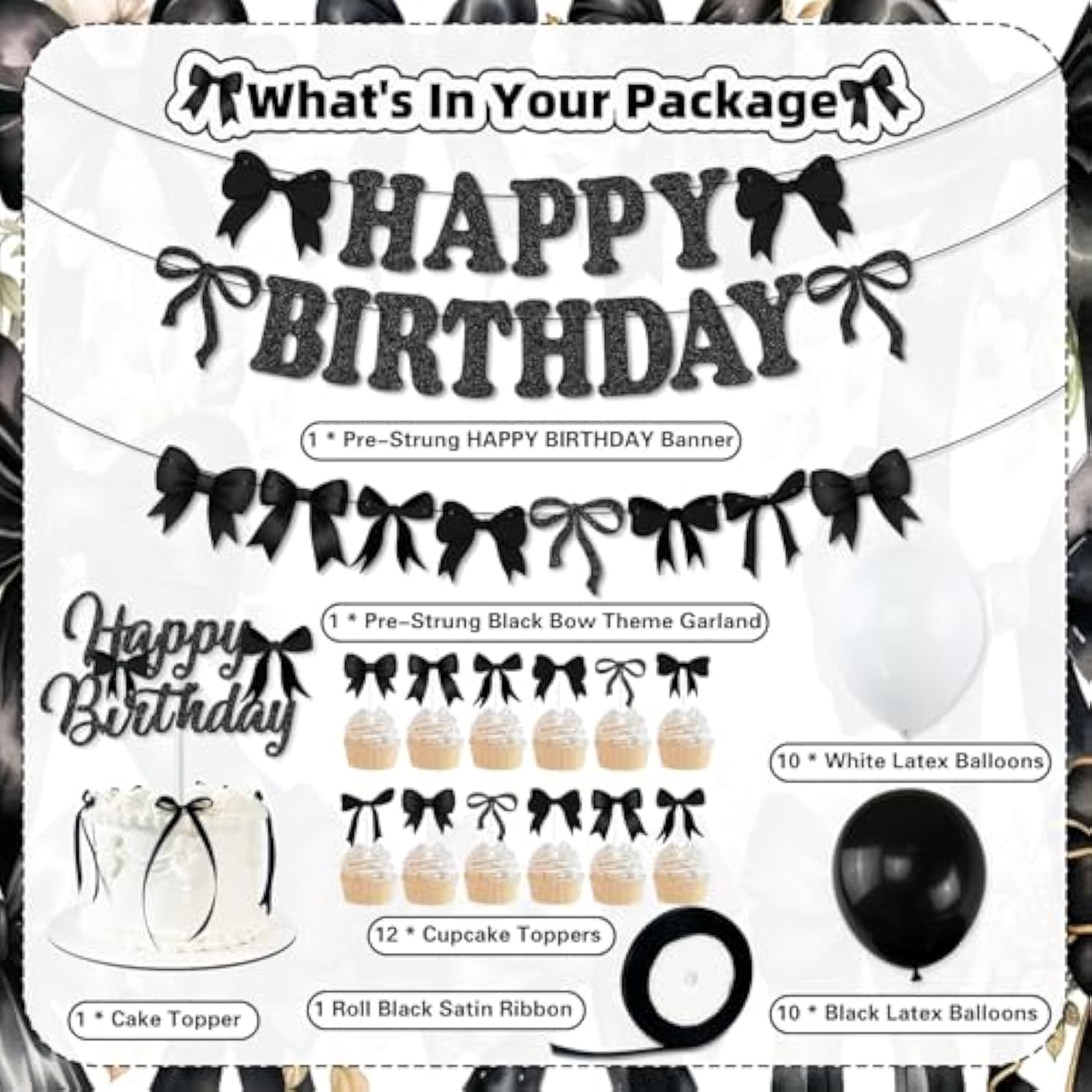 Black Bow Birthday Party Decorations, Girl Bow Birthday Decortions, Black White Balloons, Bows Banner Garland, Bows Cake & Cupcake Toppers And Satin Ribbon For Bow Party Decor