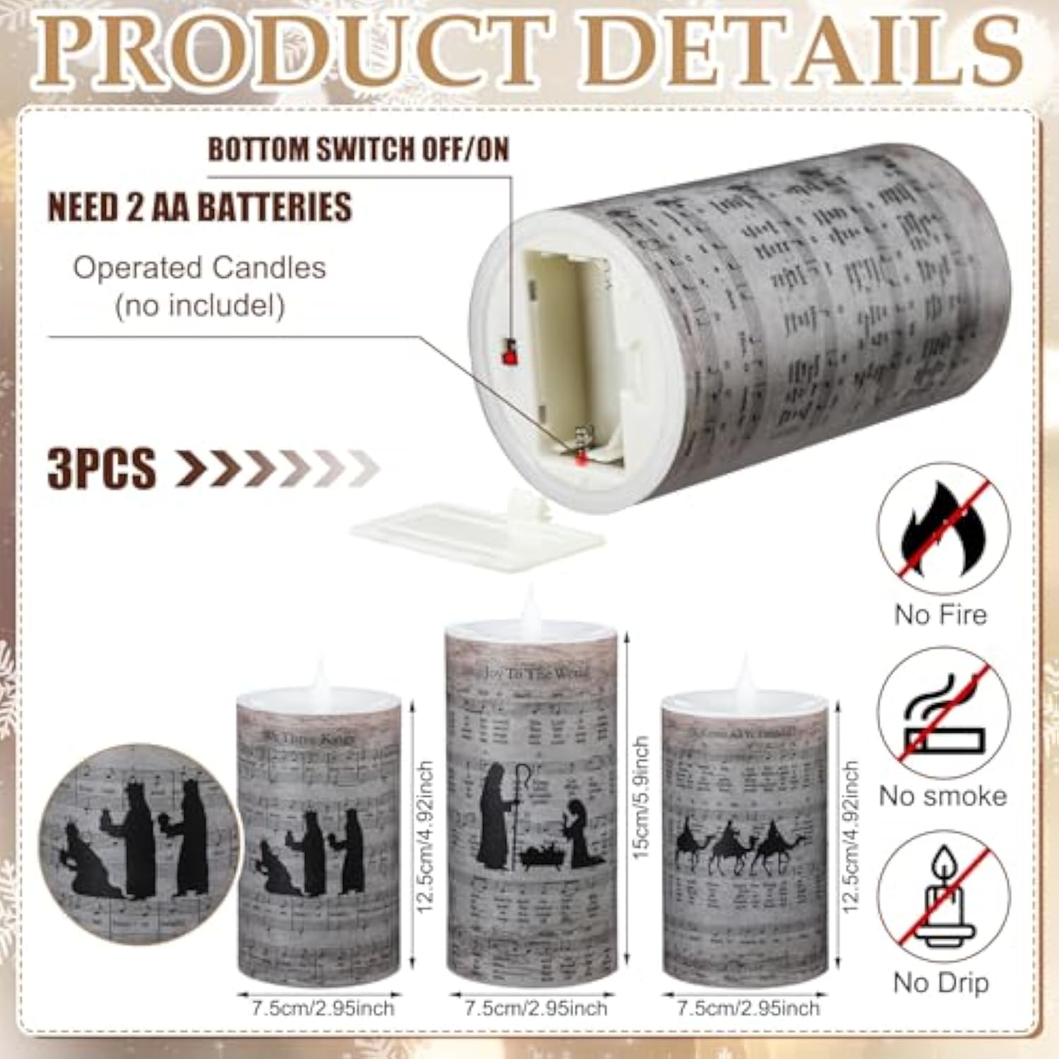 3 Pcs Christmas Nativity Scene Pillar Candles Flameless Led Religious Themed Candles Battery Operated Carols Hymn Sheet Christian Candlestick Gifts For Xmas Home Church Table Decorations