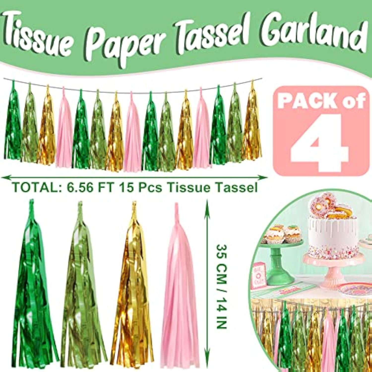 4P Sage-Green Pink-Gold Foil Fringe Metallic Tassel Garland, Tassels Banner Streamers For Parade Floats, Bachelorette, Wedding, Birthday, Halloween, Christmas, Bridal/Baby Shower Party Decorations