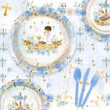 194 Pcs Mi Primera Comunion Baptism Party Decorations for Boy Blue First Holy Communion Party Supplies God Bless Disposable Tableware Set with Plates Napkins Cups Tablecloth Serves 24