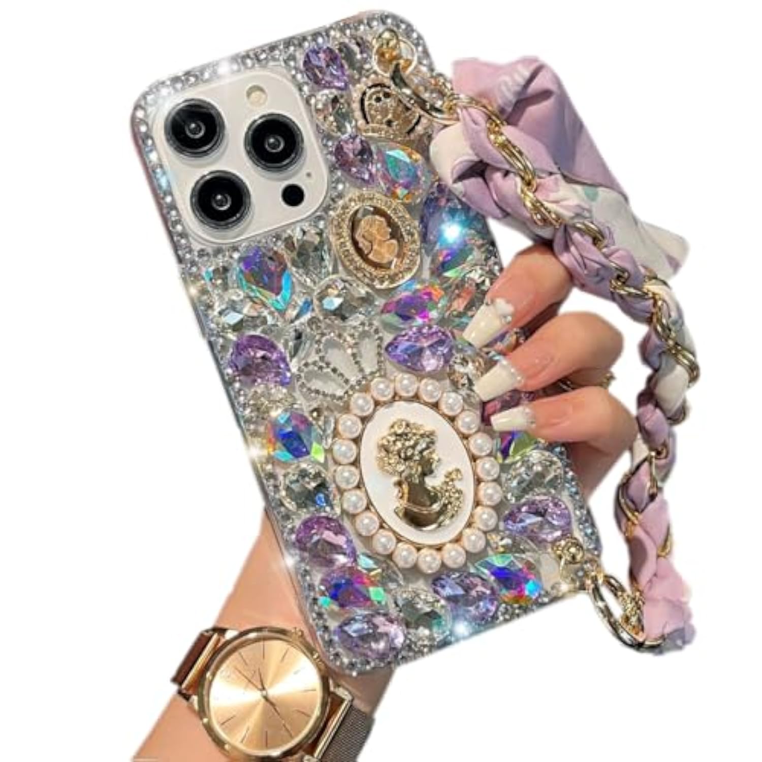 Compatible With Iphone 16 Pro Max Glitter Bling Case, Cute Luxury 3D Crystal Queen Rhinestone Full Diamond With Silk Scarf Wristband Chain Women Case Cover For Iphone 16 Pro Max 6.9"