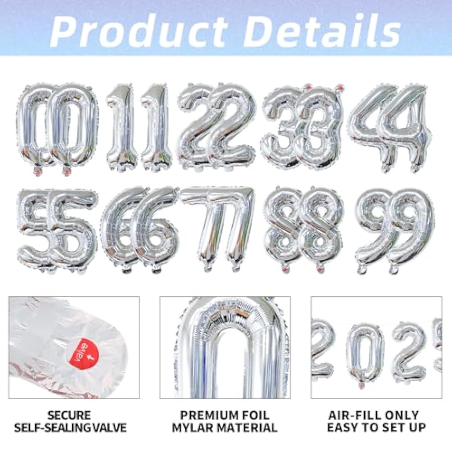 20pcs Silver Number Balloons 0-9 Foil Birthday Anniversary Graduation Decor
