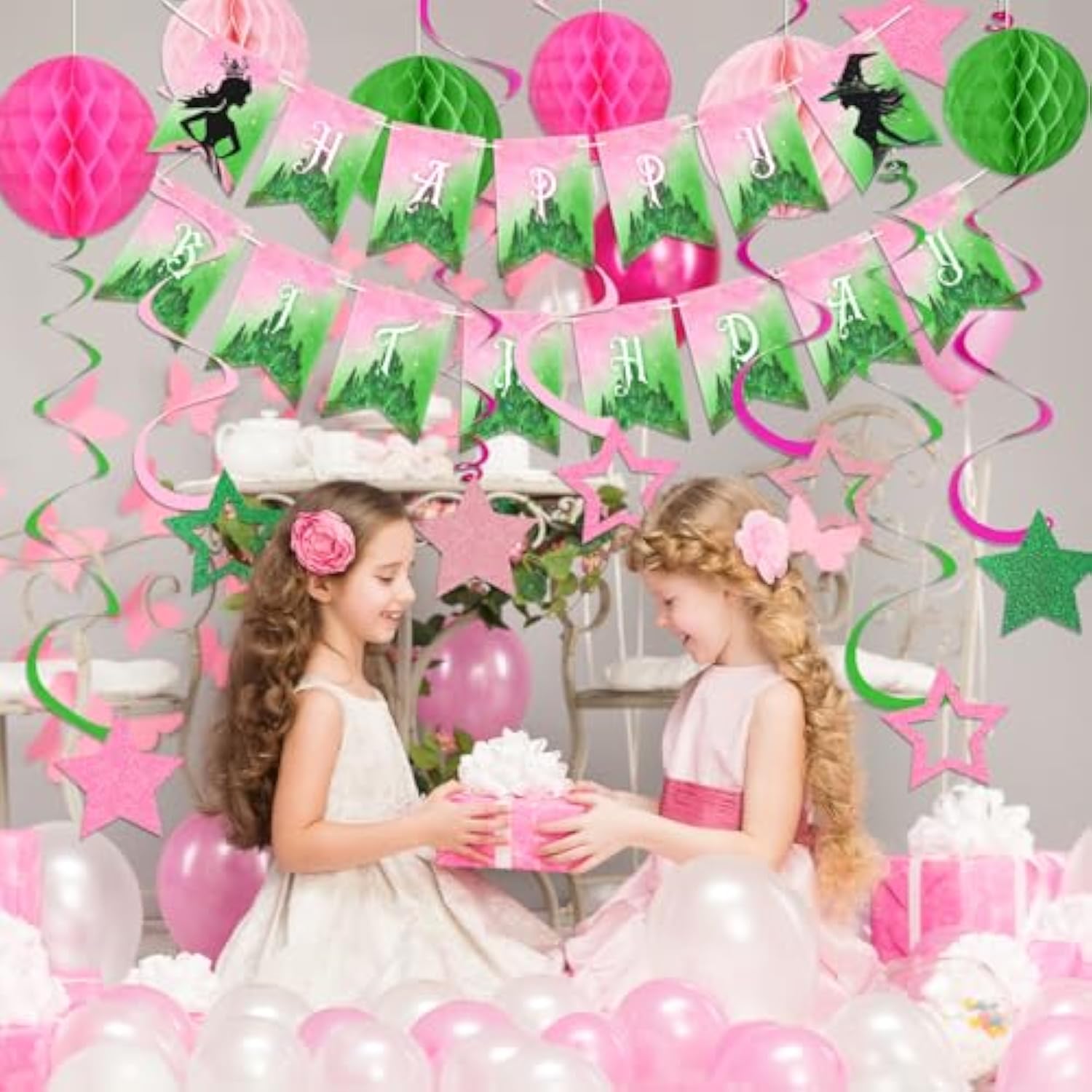 Pink And Green Party Decoration Princess And Witch Theme Birthday Party Accessories Pink And Green Happy Birthday Banner And Lively Star Party Decorations