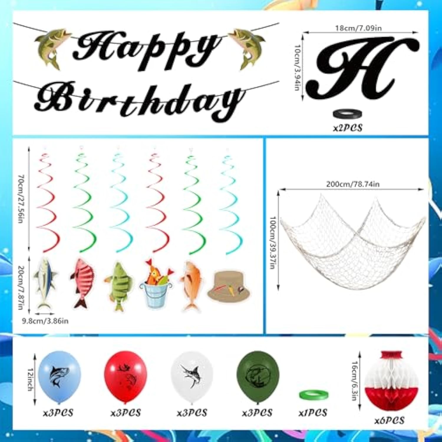 Gone Fishing Party Kit with Hanging Banner, Swirls, Balloons (Happy Birthday)