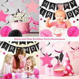 Birthday Decorations, Happy Birthday Banner With Honeycomb Ball, Stars Hanging Swirl Streamer, Circle Dots Garland, Happy Birthday Party Decorations For Women Men Boys Girls (Black & Pink)