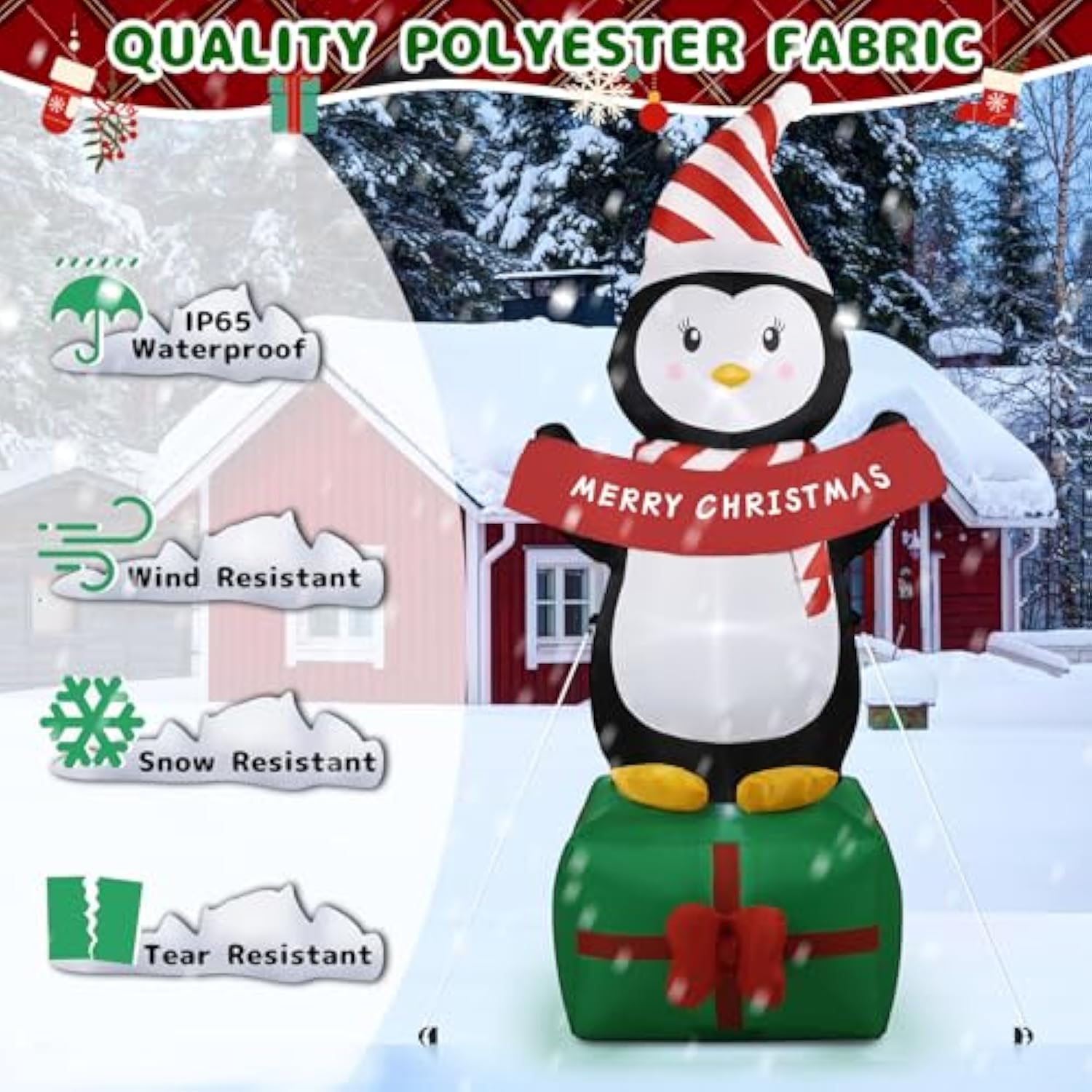 6Ft Christmas Penguin Inflatables Decoration With Led Lights, Blow Up Outdoor Decoration For Christmas Party, Holiday Xm