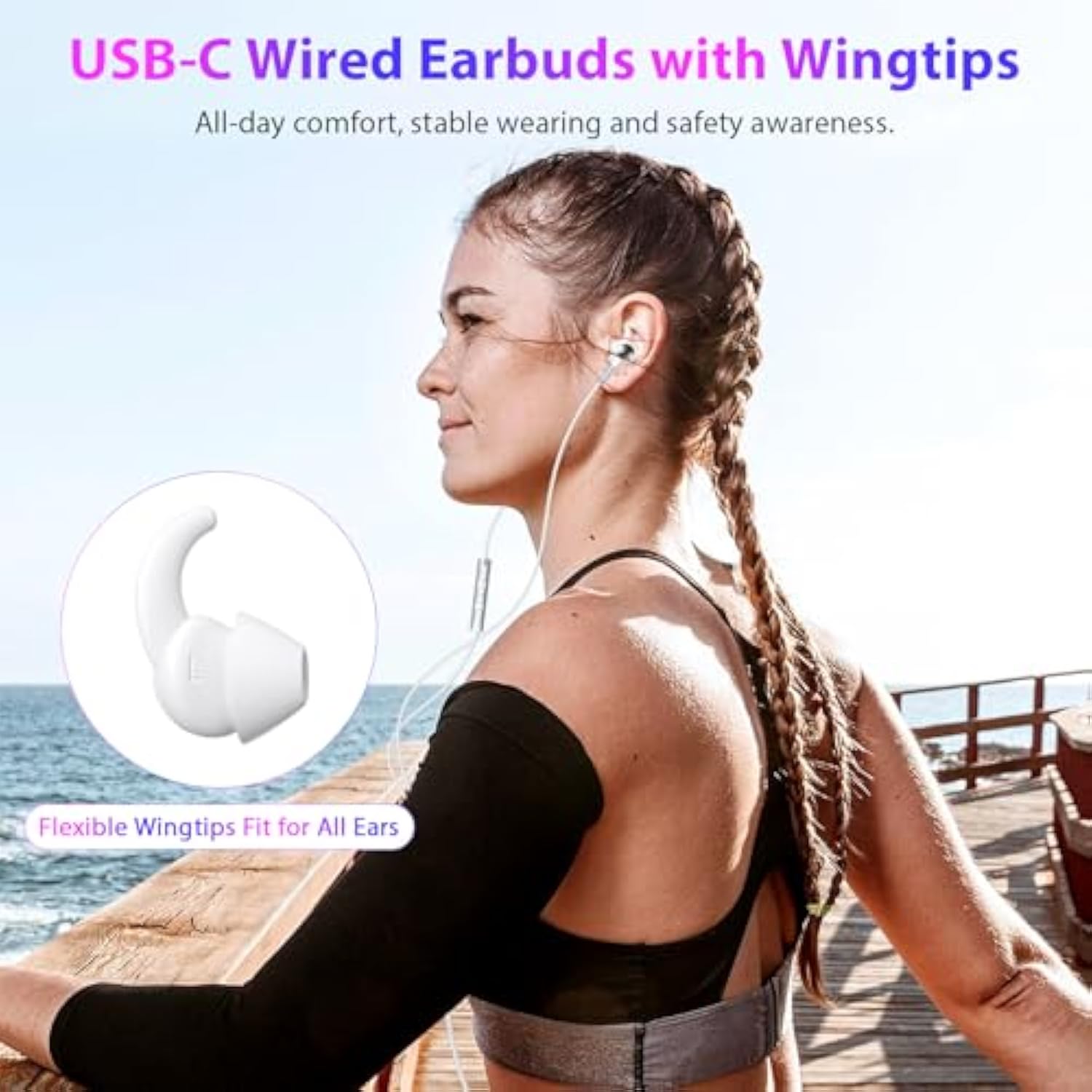 Usb-C Wired Earbuds With Anti-Fall/Hurt Wingtips For Iphone 17-15 Pro Max/Ipad - Mic & Volume Control, Pure Stereo Deep Bass, Sweatproof In-Ear Headphones For Running/Home/Office/Small Ear