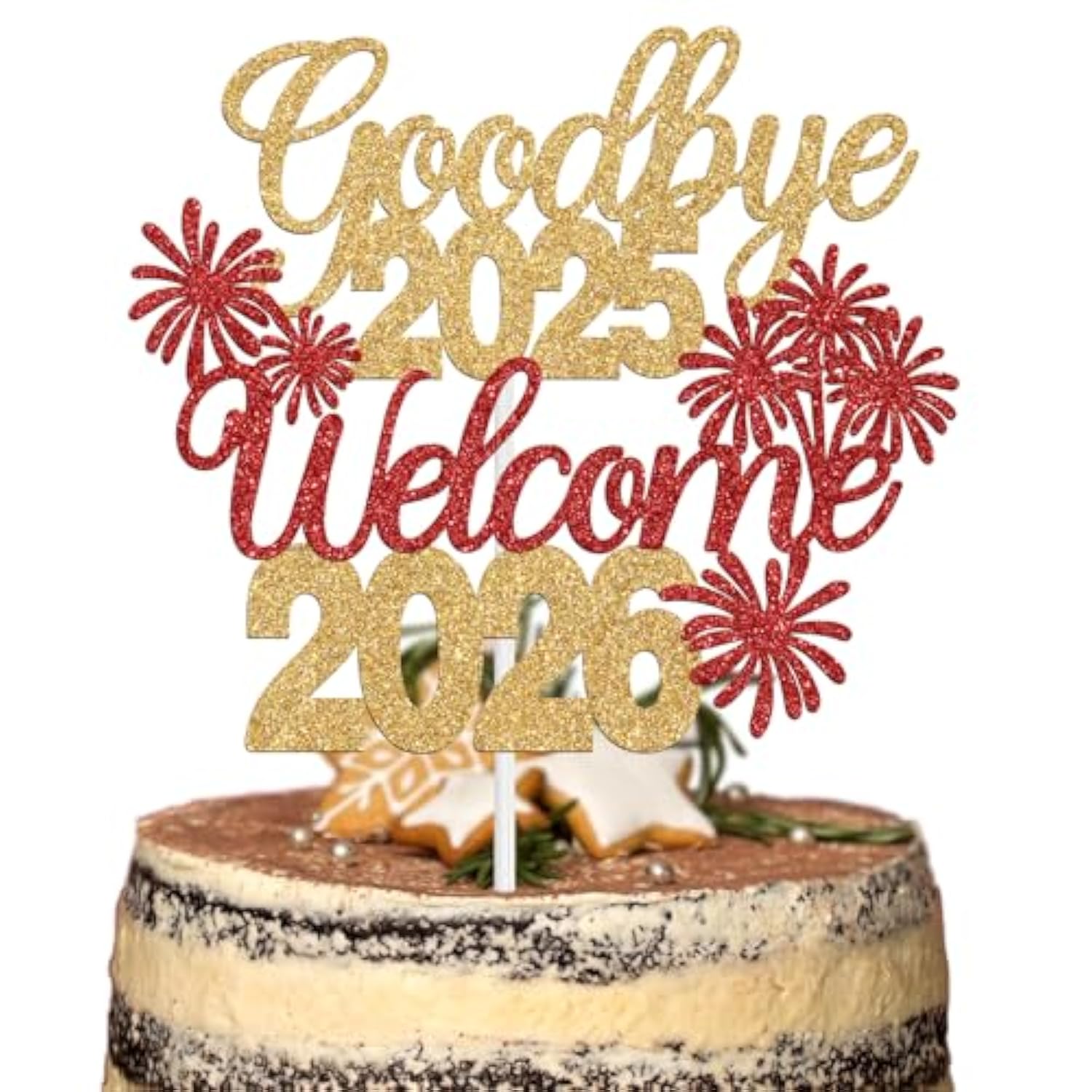 Goodbye 2025 Welcome 2026 Cake Topper Gold Glitter Party Decor