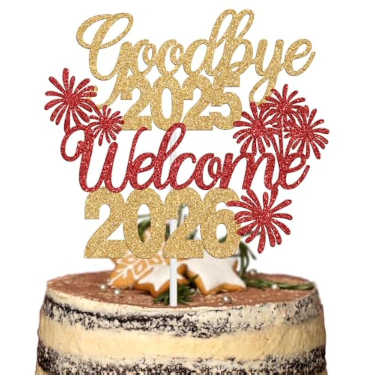 Goodbye 2025 Welcome 2026 Cake Topper Gold Glitter Party Decor
