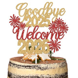 Goodbye 2025 Welcome 2026 Cake Topper Gold Glitter Party Decor