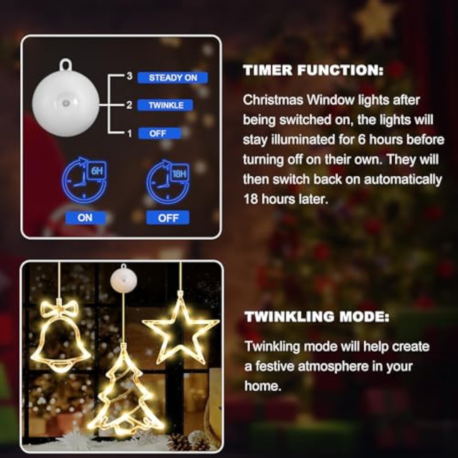 Timer 3Pcs Christmas Window Lights Decorations, Battery Powered Hanging Warm White Lighted Tree Bell Star Shaped Led Suc