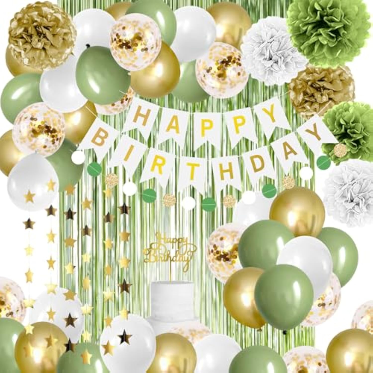 Sage Green & Gold Birthday Decor Set – Balloons, Banner, Foil Backdrop and Pom Poms