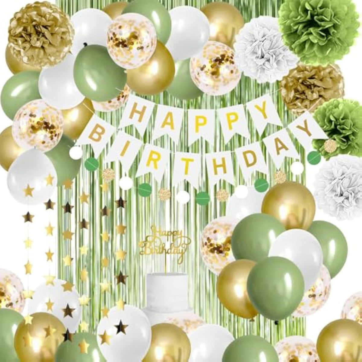 Sage Green & Gold Birthday Decor Set – Balloons, Banner, Foil Backdrop and Pom Poms