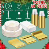 210 Pcs Christmas Plastic Dinnerware Sets Merry Christmas Party Supplies Disposable Plates Cups Napkins Forks Knives Spoons Sets(White, Gold)