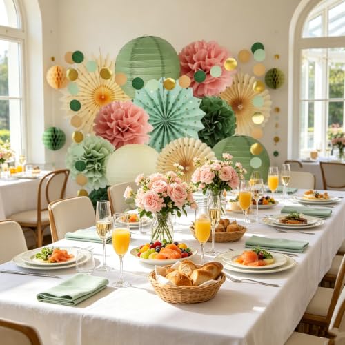 Sage Green & Dusty Pink Party Decor Set, Tissue Pom Poms Paper Lanterns Paper Fans with Garland, Decor Supplies for Birthday Wedding Bridal Shower Baby Shower (blun)