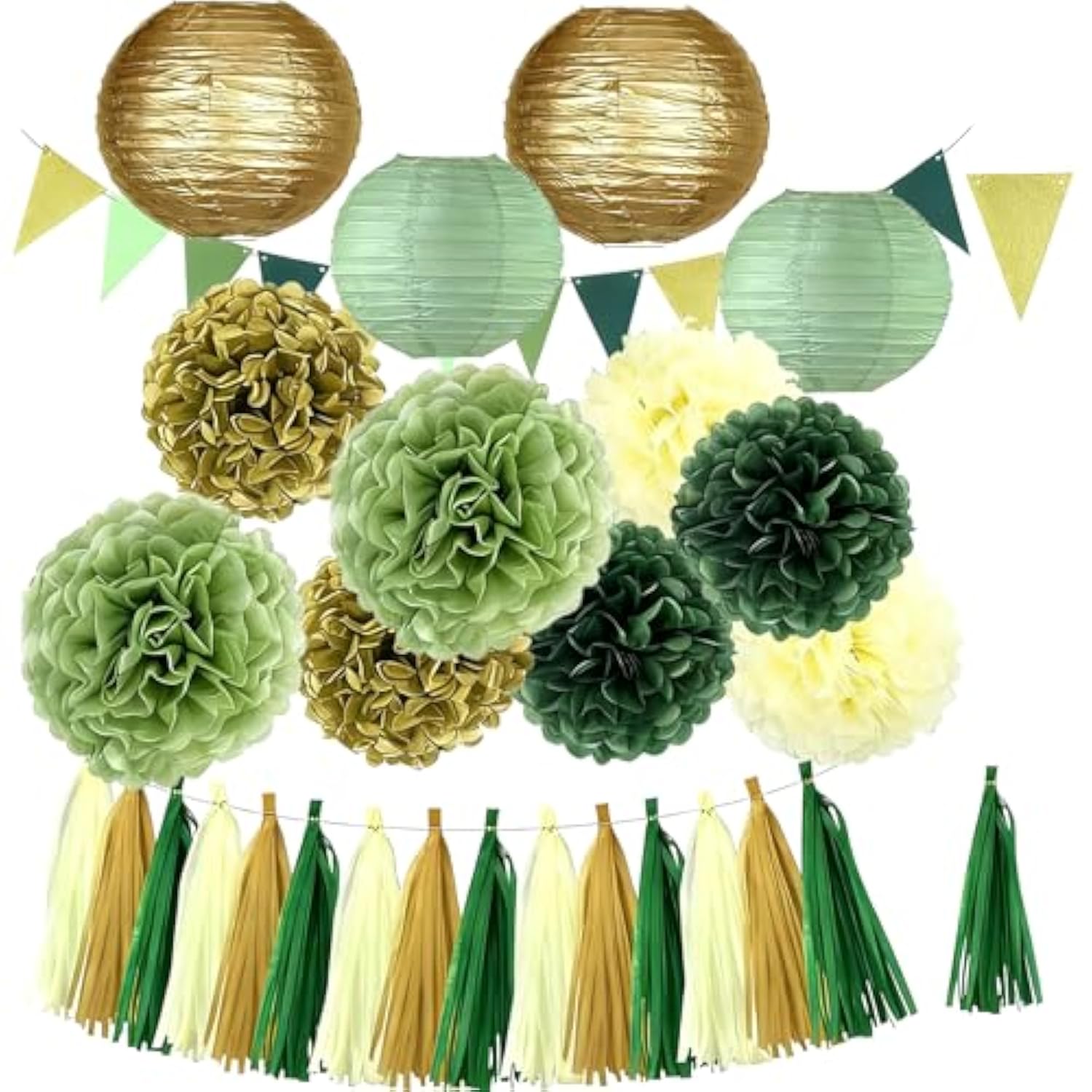 Sage Green Paper Fan Lantern Set Boho Party Decorations With Tissue Pom Poms Balls For Birthday Bridal Shower Wedding Decor (Green Set C)