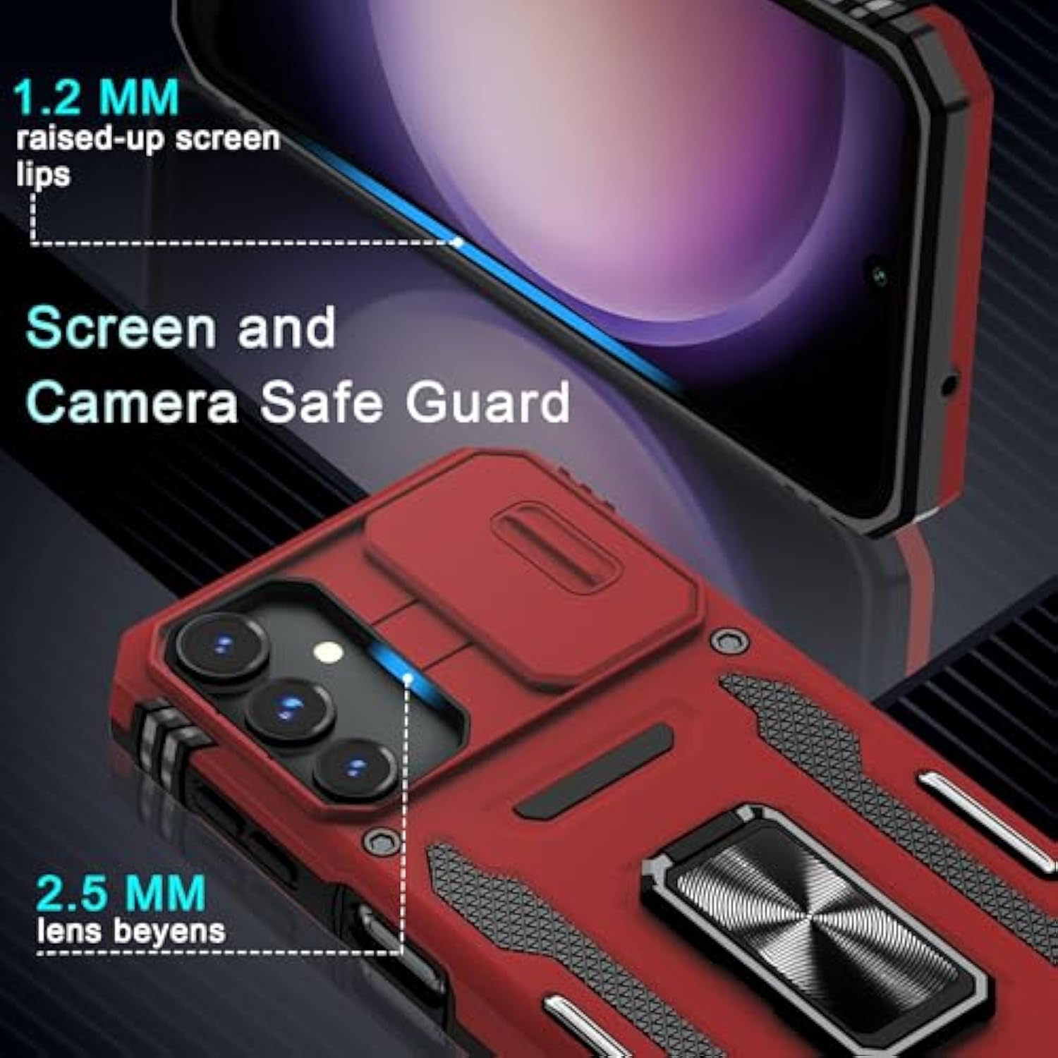 Case For Samsung Galaxy A16 5G With Slide Camera Cover+Screen Protector (1 Pack), Rotated Ring Kickstand Military Grade Shockproof Protective Cover-Red