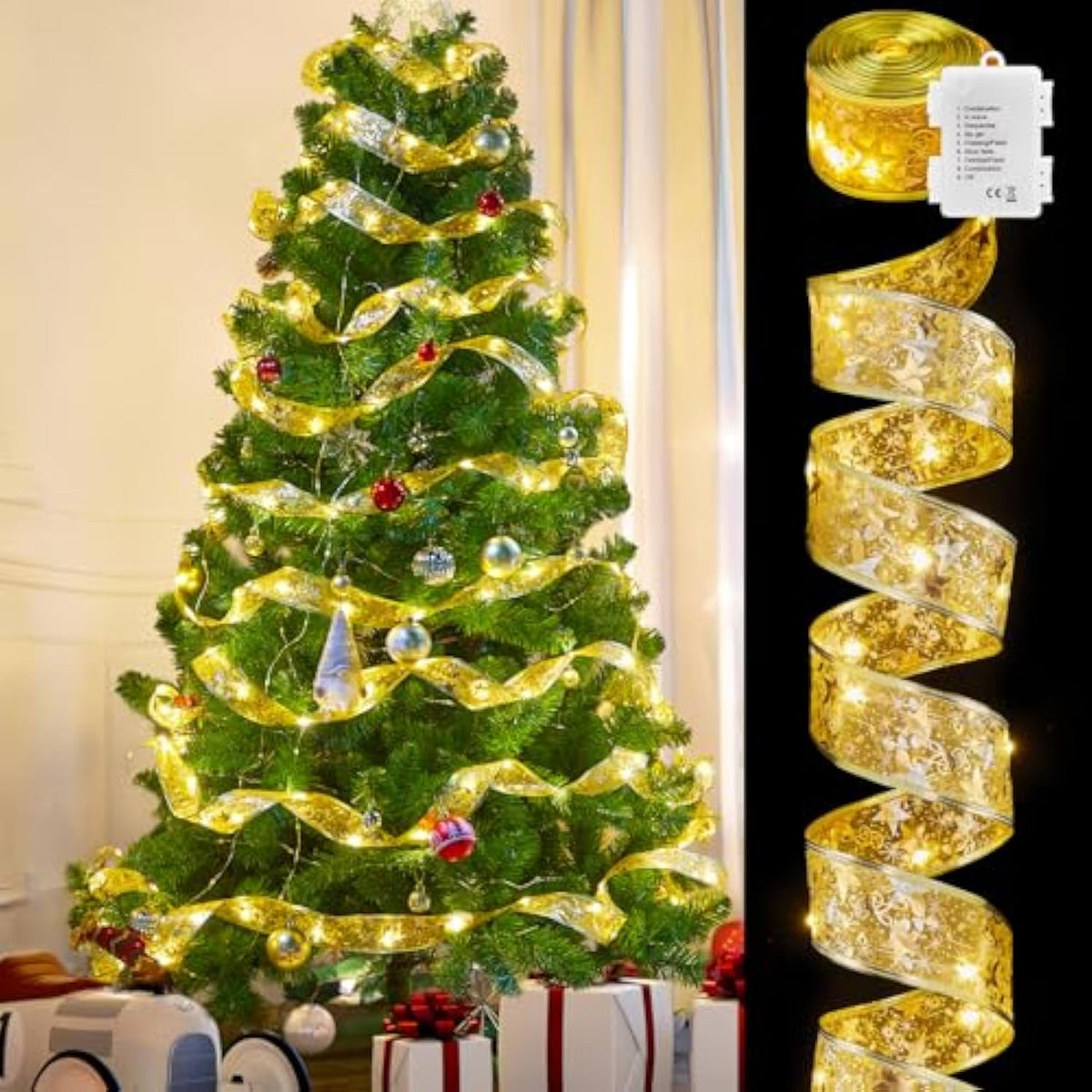 Christmas Tree Ribbon String Lights - 33Ft 100 Led Battery Powered Fairy Lights With Timer And 8 Lighting Modes, Christm