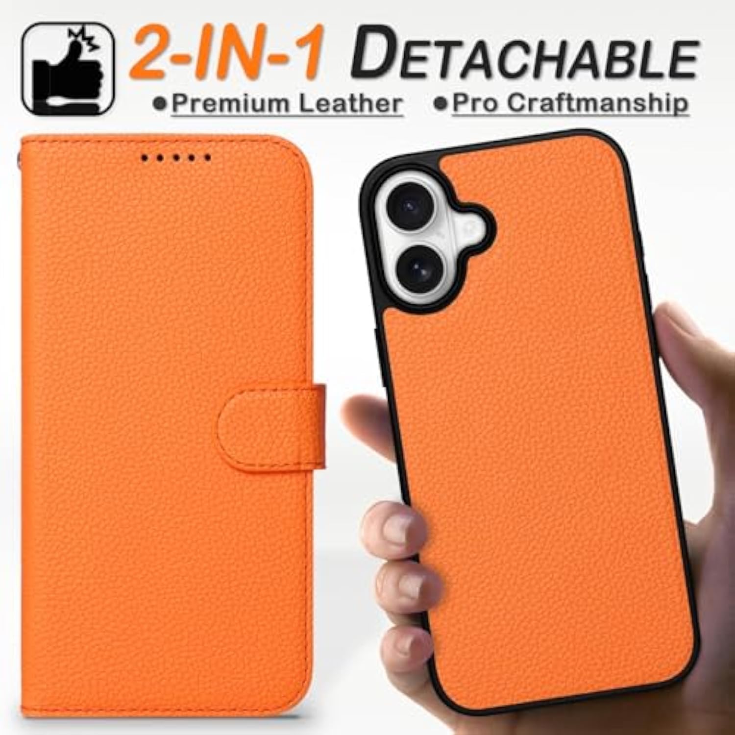 Premium Wallet Case For Iphone 16, Detachable 2 In 1 Leather Folio Flip Case With 4 Card Holder, Rfid Blocking, Support Magsafe, Microfiber Lining, Slim Lightweight, For Women/Men (Blaze Orange)